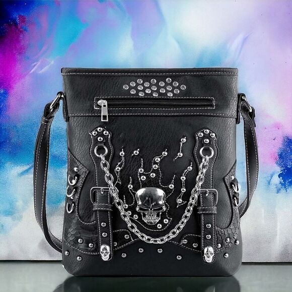 61. Studs and Chains Black Skull Biker Crossbody Shoulder Handbag Purse - Picture 1 of 8